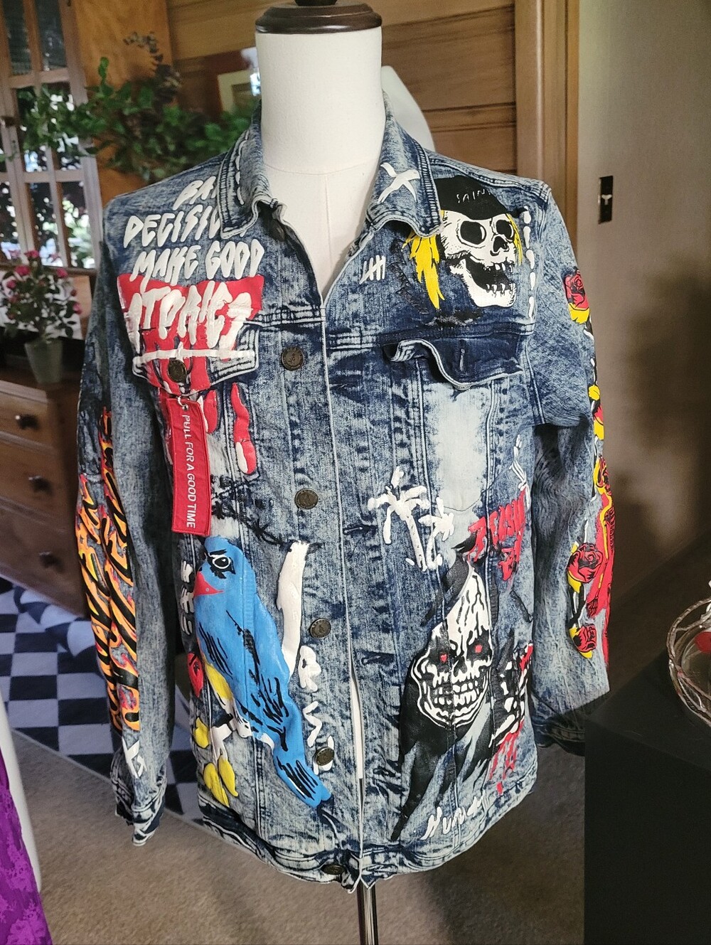 Mens L Graphic Distressed Denim Jacket - Multicolor